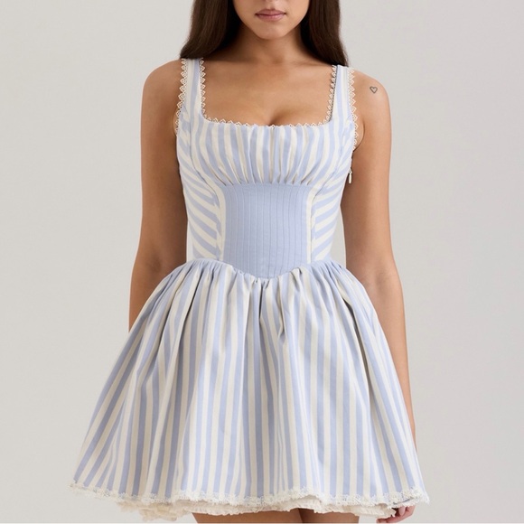 NWT House of CB LIESL Blue Striped Pintucked Mini Dress - Picture 4 of 7